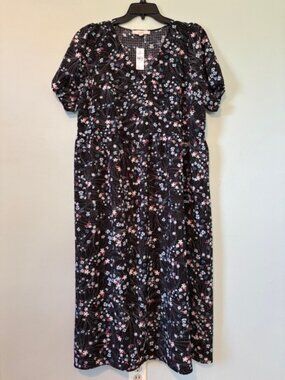 NWT LOFT Pearl Print Black Floral Puff Sleeve Midi Dress Size XL